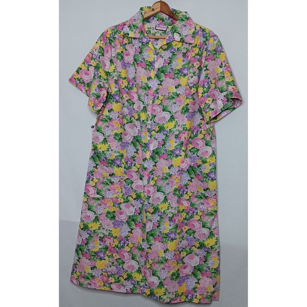 Vintage Granada L Nightgown Zip Flower Garden  Pink Yellow Purple Short Slv Zip